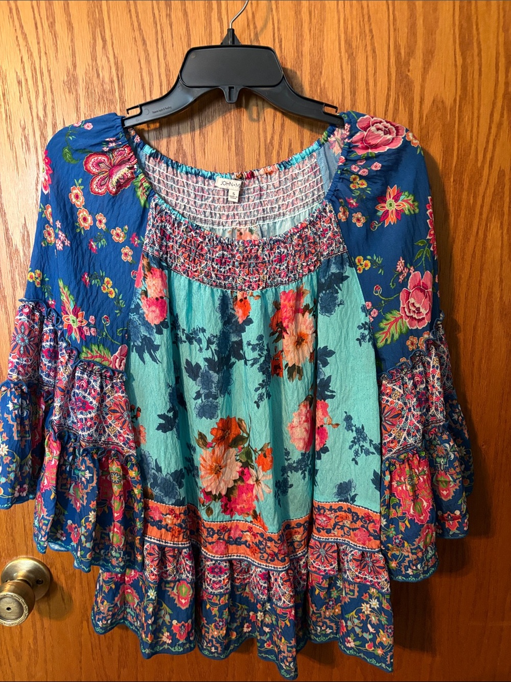 John . Mark Teal & Blue Floral Tiered Peasant Tunic